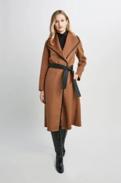 Tahari Long Double Face Vegan Trim Wool Coat