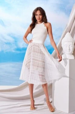 Elie Tahari Pleated Lace Skirt -ELIE TAHARI Sales E207G503 BUFF E3147303 WHITE 210F