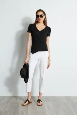 Elie Tahari Ruched Sleeve V-Neck Knit -ELIE TAHARI Sales E20M021U WHITE E456X503 BLACK 1hero 335