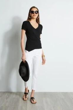 Elie Tahari Ruched Sleeve V-Neck Knit -ELIE TAHARI Sales E20M021U WHITE E456X503 BLACK 1hero 344
