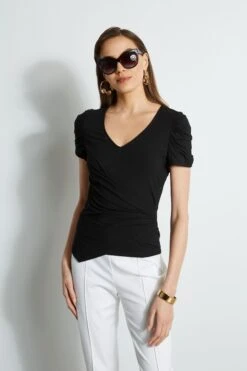 Elie Tahari Ruched Sleeve V-Neck Knit -ELIE TAHARI Sales E20M021U WHITE E456X503 BLACK 2front 847