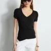 Elie Tahari Ruched Sleeve V-Neck Knit -ELIE TAHARI Sales E20M021U WHITE E456X503 BLACK 2front 855