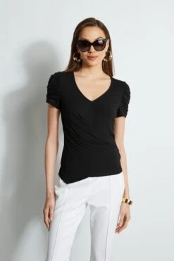 Elie Tahari Ruched Sleeve V-Neck Knit