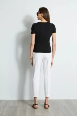 Elie Tahari Ruched Sleeve V-Neck Knit -ELIE TAHARI Sales E20M021U WHITE E456X503 BLACK 3back 347