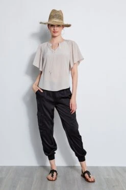 Silk Flutter Sleeve Tie Shirt -ELIE TAHARI Sales E3027203 BLACK ETR31224 SALT 1HERO 2025