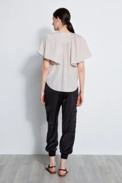 Silk Flutter Sleeve Tie Shirt -ELIE TAHARI Sales E3027203 BLACK ETR31224 SALT 3back 4761