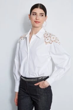 Cotton Lace Sleeve Button Down Shirt