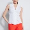 Elie Tahari Sleeveless Ruched Shirt -ELIE TAHARI Sales E3033203 TOMATO E2017512 WHITE 2front 4568