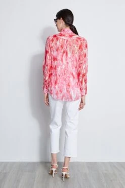 Elie Tahari Silk Biba Swirl Button Down Shirt -ELIE TAHARI Sales E303D202 WHITE E2087103 TROPICPINK E3045503 MULTI 3back 4148