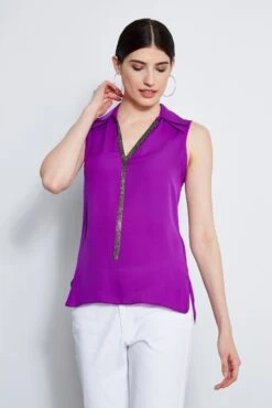 Elie Tahari Sleeveless Silk Chain Collar Shirt