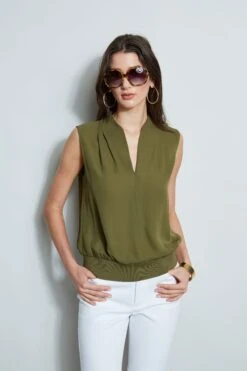 Elie Tahari Silk Contour Rib Shirt -ELIE TAHARI Sales E303D202 WHITE E510N503 THYME 2front 950