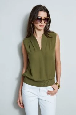 Elie Tahari Silk Contour Rib Shirt -ELIE TAHARI Sales E303D202 WHITE E510N503 THYME 2front 954