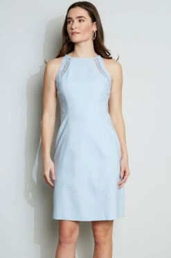 Elie Tahari Linen Lace Detail Dress -ELIE TAHARI Sales E305K602 WAVE MELANGE 2FRONT 021