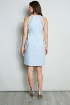 Elie Tahari Linen Lace Detail Dress -ELIE TAHARI Sales E305K602 WAVE MELANGE 3BACK 056