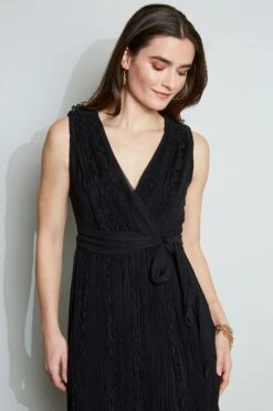 Elie Tahari Silk Ruffle Midi Dress -ELIE TAHARI Sales E30M0602 BLACK 2FRONT 044