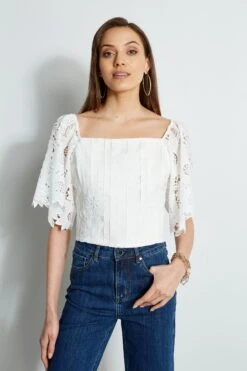 Elie Tahari Cut Out Lace Corset Shirt -ELIE TAHARI Sales E315J202 INDIGO E401A503 MARBLE 2front 539