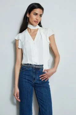 Elie Tahari Flutter Sleeve Tie Shirt