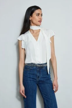 Elie Tahari Flutter Sleeve Tie Shirt -ELIE TAHARI Sales E315J202 INDIGO E410N503 FRESHPEARL 2FRONT 1224