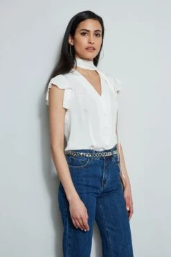 Elie Tahari Flutter Sleeve Tie Shirt -ELIE TAHARI Sales E315J202 INDIGO E410N503 FRESHPEARL 2FRONT 1227