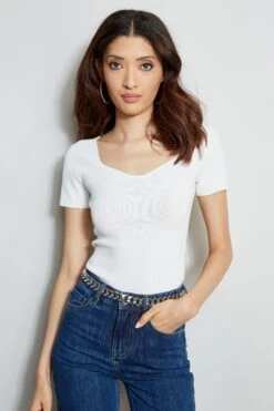 Elie Tahari Short Sleeve Contour Sweater -ELIE TAHARI Sales E315J202 INDIGO E45X3503 FOAM 2front 1318