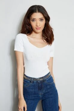 Elie Tahari Short Sleeve Contour Sweater -ELIE TAHARI Sales E315J202 INDIGO E45X3503 FOAM 2front 1329