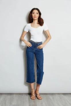 Elie Tahari Short Sleeve Contour Sweater -ELIE TAHARI Sales E315J202 INDIGO E45X3503 FOAM 3back 212