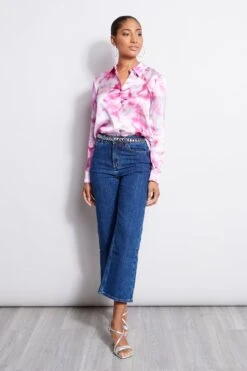 Elie Tahari Silk Satin Watercolor Floral Shirt -ELIE TAHARI Sales E315J202 Indigo E201U503 Multi 1HERO 076