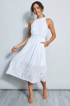 Elie Tahari Embroidered Hem Midi Dress