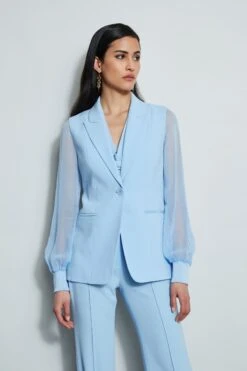 Elie Tahari Chiffon Sleeve Blazer -ELIE TAHARI Sales E4087203 WATERBLUE E4087103 WATERBLUE E410N513 WATERBLUE 2front 2433
