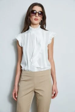 Pleated Flutter Silk Shirt -ELIE TAHARI Sales E40M0202 RATTAN ETR31195 SKYWHITE 2front 1669