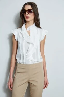 Pleated Flutter Silk Shirt -ELIE TAHARI Sales E40M0202 RATTAN ETR31195 SKYWHITE 2front 1676