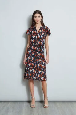 Elie Tahari Floral Flutter Sleeve Shirt Dress