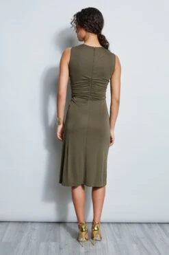 Elie Tahari Ruched Midi Dress -ELIE TAHARI Sales E509U602 COTTONMIDIDRESS WILLOWGREEN 3BACK 1450
