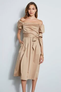 Elie Tahari Topaz Off Shoulder Midi Dress -ELIE TAHARI Sales E6044600 RATTAN DRESS 2FRONT 301