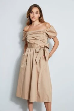 Elie Tahari Topaz Off Shoulder Midi Dress -ELIE TAHARI Sales E6044600 RATTAN DRESS 2FRONT 308