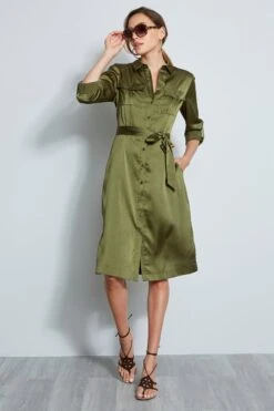 Elie Tahari Washed Satin Shirt Dress