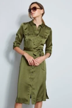 Elie Tahari Washed Satin Shirt Dress -ELIE TAHARI Sales E7027602 TUSCANOLIVE DRESS 2FRONT 977