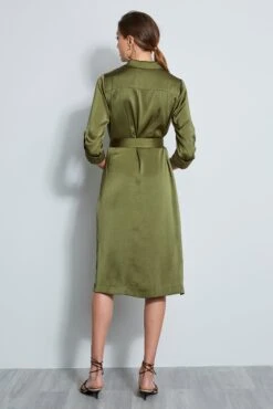 Elie Tahari Washed Satin Shirt Dress -ELIE TAHARI Sales E7027602 TUSCANOLIVE DRESS 3BACK 993