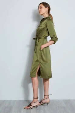 Elie Tahari Washed Satin Shirt Dress -ELIE TAHARI Sales E7027602 TUSCANOLIVE DRESS 4STYLING 1003