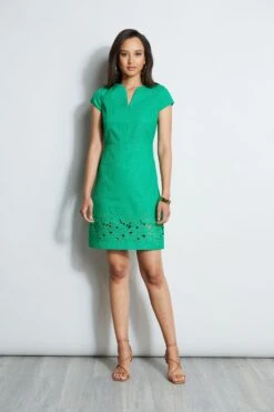 Elie Tahari Short Sleeve Embroidered Hem Dress