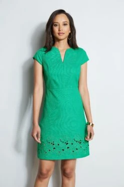 Elie Tahari Short Sleeve Embroidered Hem Dress -ELIE TAHARI Sales E70C4603 PALMLEAF 2front 2122