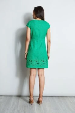 Elie Tahari Short Sleeve Embroidered Hem Dress -ELIE TAHARI Sales E70C4603 PALMLEAF 3back 2144