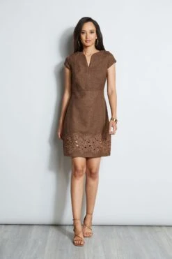 Elie Tahari Short Sleeve Embroidered Hem Dress