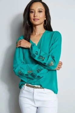 Elie Tahari Embroidered Long Sleeve Shirt -ELIE TAHARI Sales E710N503 TAHITIGREEN E303D202 WHITE 2front 067