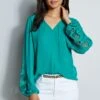 Elie Tahari Embroidered Long Sleeve Shirt -ELIE TAHARI Sales E710N503 TAHITIGREEN E303D202 WHITE 2front 073