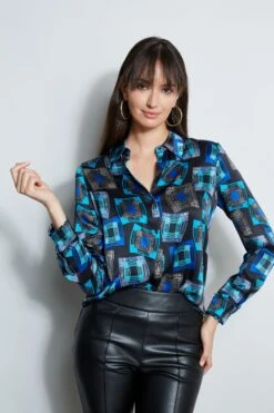Elie Tahari Deco Cubist Silk Satin Shirt
