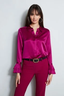 Elie Tahari Silk Satin Ruffle Cuff Shirt