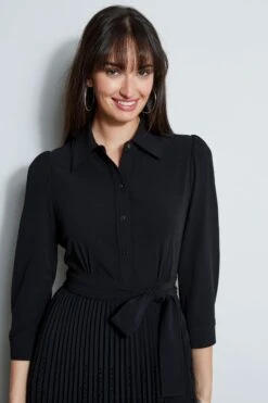 Elie Tahari Pleated Laser Cut Dress -ELIE TAHARI Sales E8147603 BLACK 2front 2330