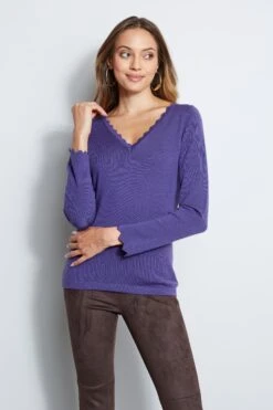 Elie Tahari Scallop V-Neck Sweater