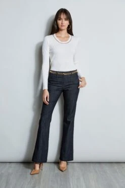 Elie Tahari Merino Rib Chain Detail Sweater -ELIE TAHARI Sales E85X5503 SNOW E802P203 INDIGO 4styling 939